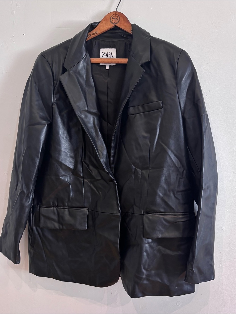 Zara Faux Leather Jacket Womens Large Black Button Front Long Sleeve Collared